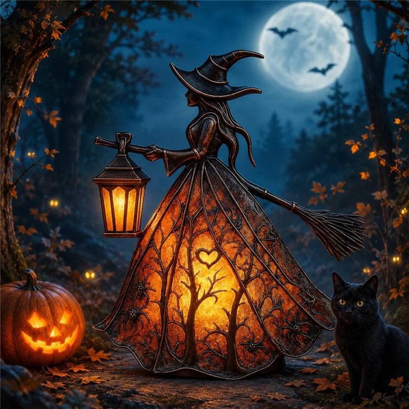 Epoxy Resin Gothic Witch Table Lamp USB Warm Light for Halloween Decor - Black