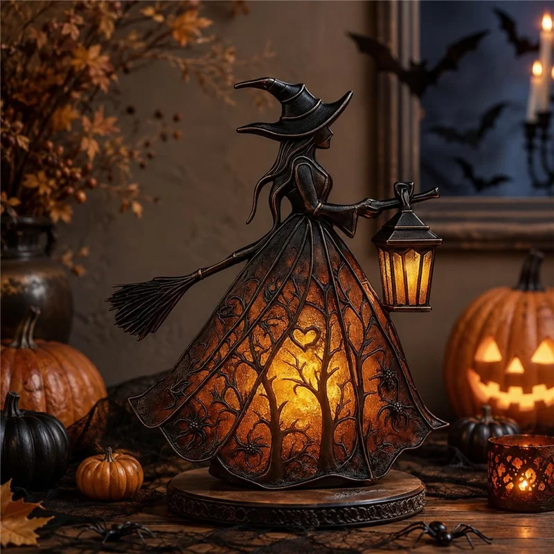 Epoxy Resin Gothic Witch Table Lamp USB Warm Light for Halloween Decor - Black