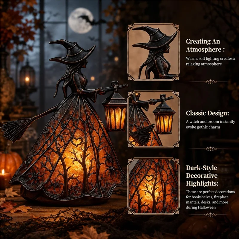 Epoxy Resin Gothic Witch Table Lamp USB Warm Light for Halloween Decor - Black
