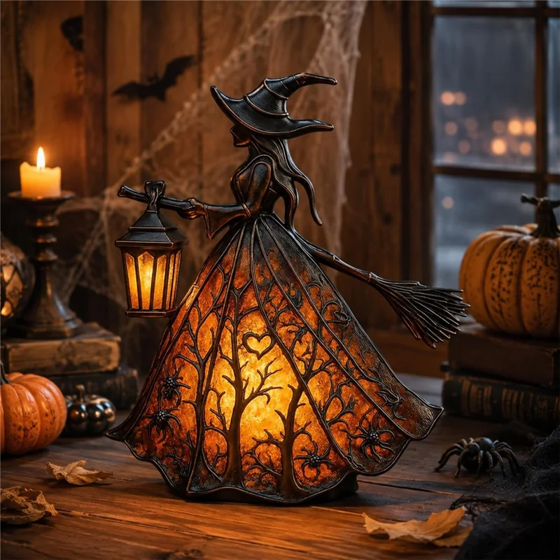 Epoxy Resin Gothic Witch Table Lamp USB Warm Light for Halloween Decor - Black