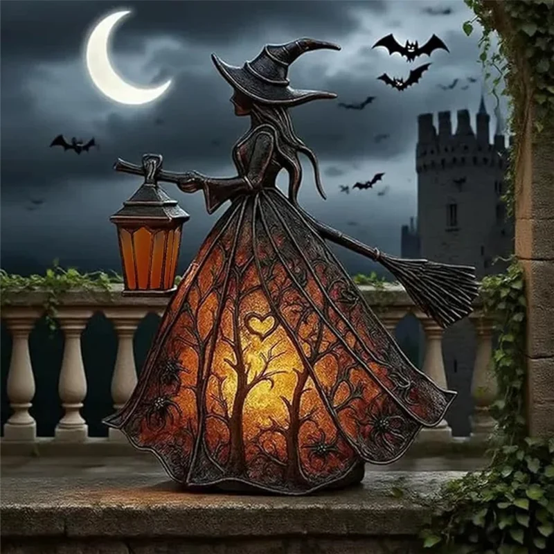Epoxy Resin Gothic Witch Table Lamp USB Warm Light for Halloween Decor - Black