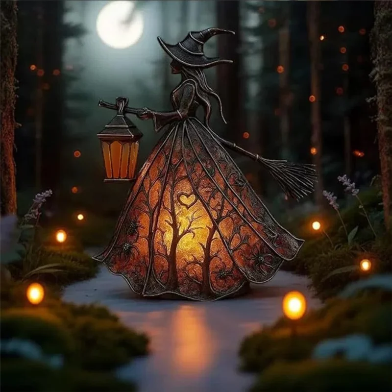 Epoxy Resin Gothic Witch Table Lamp USB Warm Light for Halloween Decor - Black