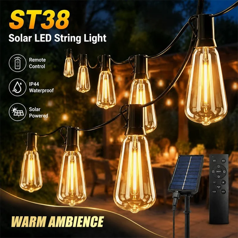 ST38 30m Solar String Lights, 50 Bulbs + 2 Spare, Remote Dimming, Timer, IP44 Waterproof, E12 Replaceable Bulbs for Patio Camping