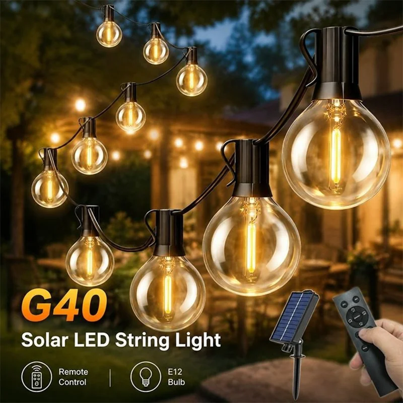 30m G40 Solar LED String Light, 50 Lights + 2 Spare Bulbs, IP44 Waterproof, Remote Timer