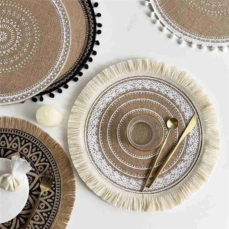 01579 Tassels Effect Heat Resistant Round Cotton Placemat - Style A/White