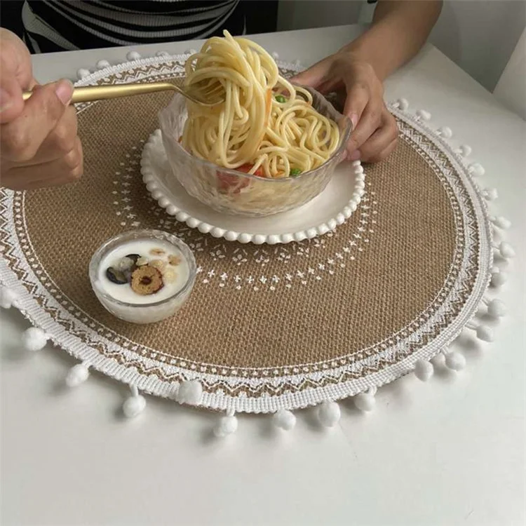 01579 Tassels Effect Heat Resistant Round Cotton Placemat - Style A/White