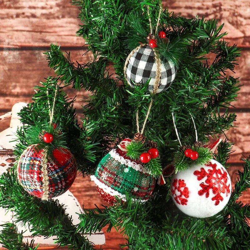 MH889 Plaid Ball Ornamento de Pano Embrulhado em Árvore Pendurada Decoração de Férias de Fábrica de Férias de Folha de Fábrica Decoração - Branco Preto