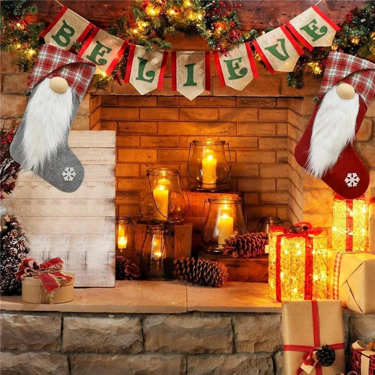 GM89717 Christmas 3D Santa Gnome Stockings Xmas Tree Hanging Socks for Home Fireplace Office - Red