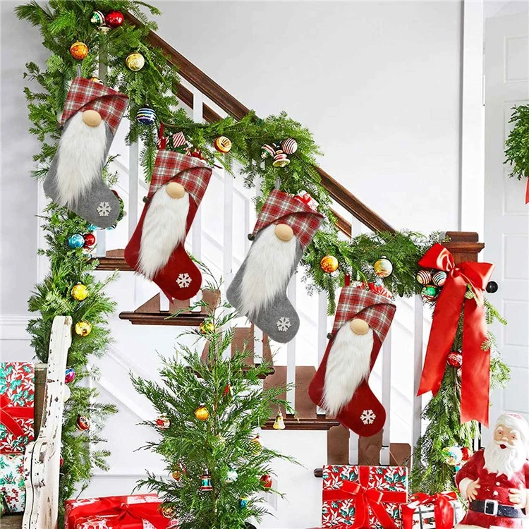 GM89717 Christmas 3D Santa Gnome Stockings Xmas Tree Hanging Socks for Home Fireplace Office - Red