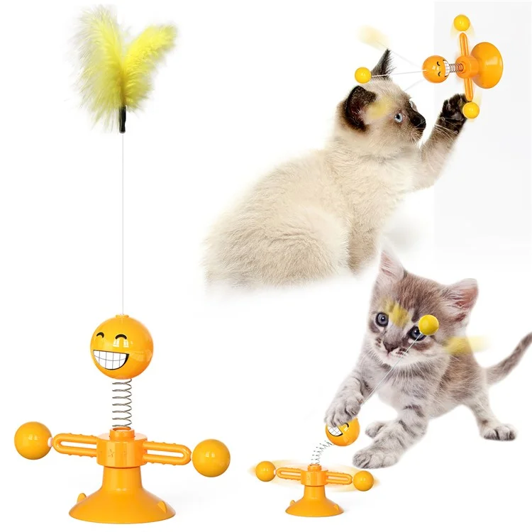 ZH-08 Rotating Windmill Spring Figure Cat Toys with Feathers Interactive Cats Ball Toys Funny Exercise Kitten Teaser Toys for Indoor Pets - Orange