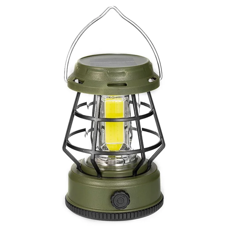Retro Portable Camping Light Stepless Dimming Tent Lantern Hanging Lamp, Solar Powered - Green