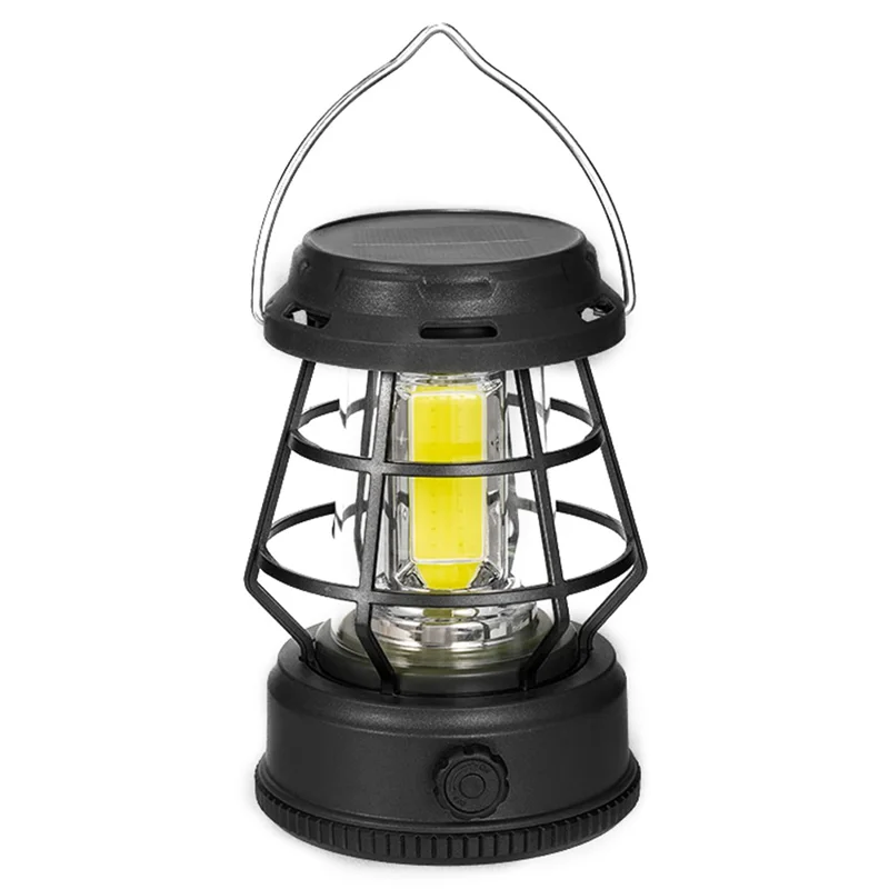 Retro Portable Camping Light Stepless Dimming Tent Lantern Hanging Lamp, Solar Powered - Black