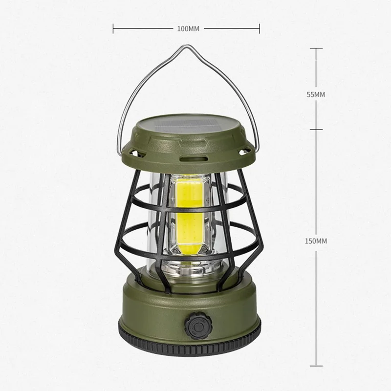 Retro Portable Camping Light Stepless Dimming Tent Lantern Hanging Lamp, Solar Powered - Black