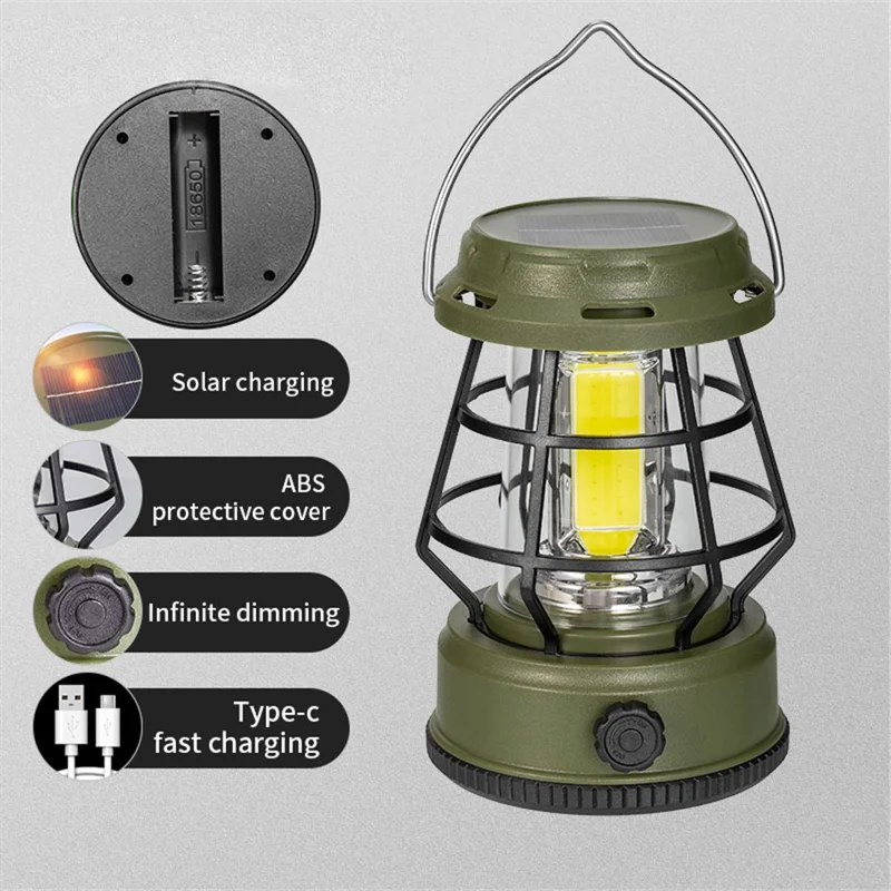 Retro Portable Camping Light Stepless Dimming Tent Lantern Hanging Lamp, Solar Powered - Black
