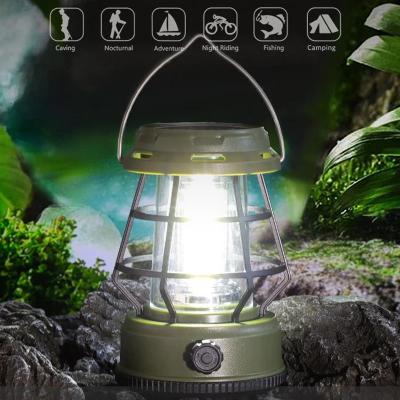 Retro Portable Camping Light Stepless Dimming Tent Lantern Hanging Lamp, Solar Powered - Black