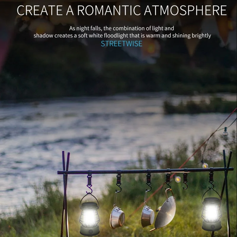 Retro Portable Camping Light Stepless Dimming Tent Lantern Hanging Lamp, Solar Powered - Black