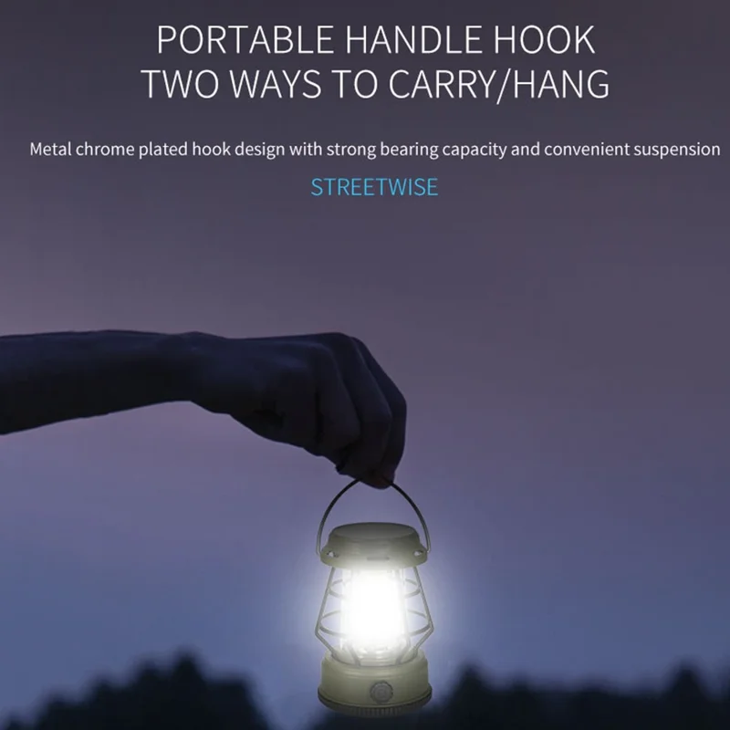 Retro Portable Camping Light Stepless Dimming Tent Lantern Hanging Lamp, Solar Powered - Black