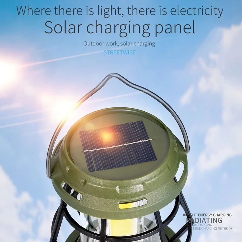 Retro Portable Camping Light Stepless Dimming Tent Lantern Hanging Lamp, Solar Powered - Black