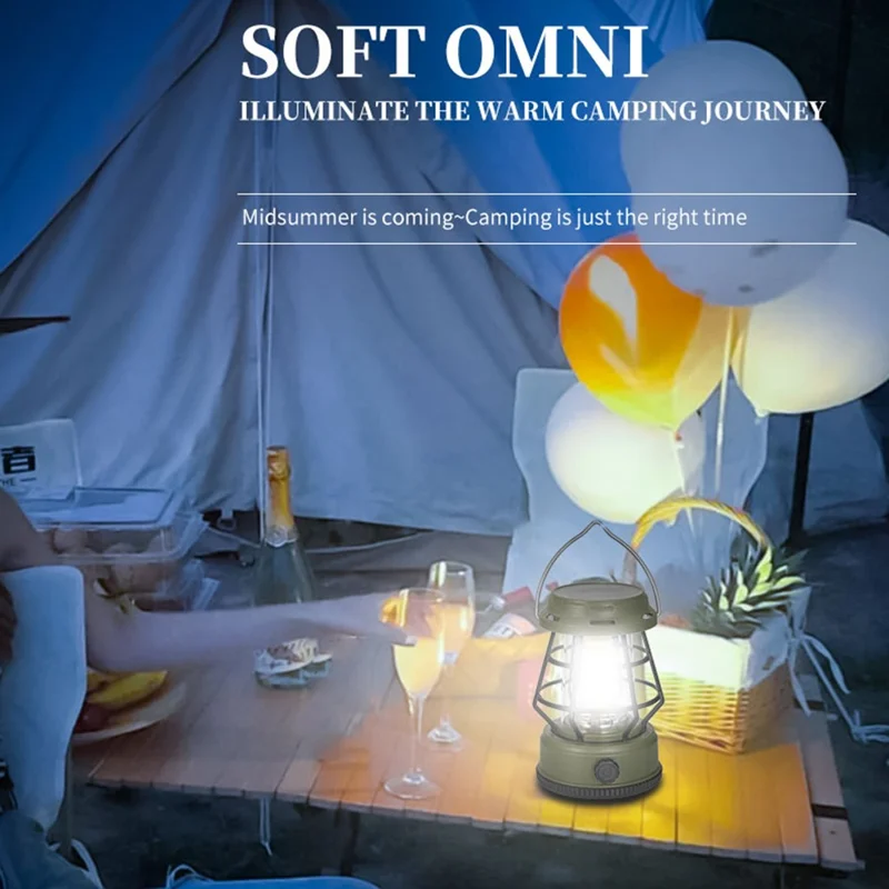 Retro Portable Camping Light Stepless Dimming Tent Lantern Hanging Lamp, Solar Powered - Black