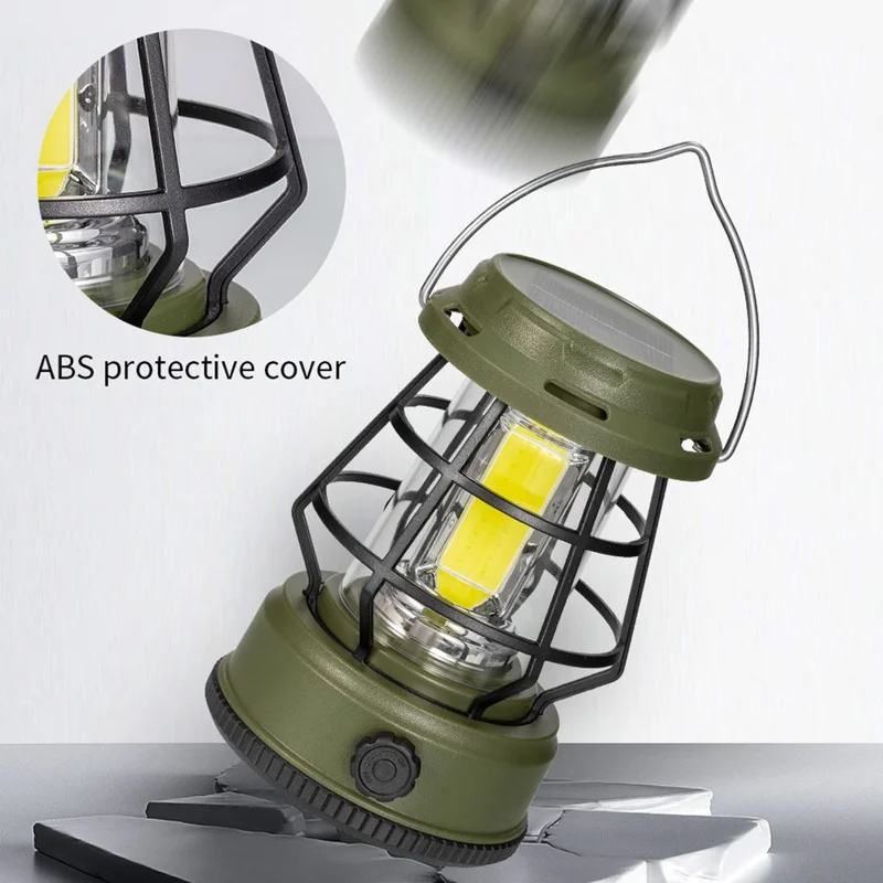 Retro Portable Camping Light Stepless Dimming Tent Lantern Hanging Lamp, Solar Powered - Black