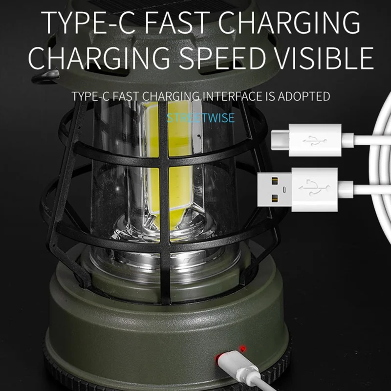 Retro Portable Camping Light Stepless Dimming Tent Lantern Hanging Lamp, Solar Powered - Black