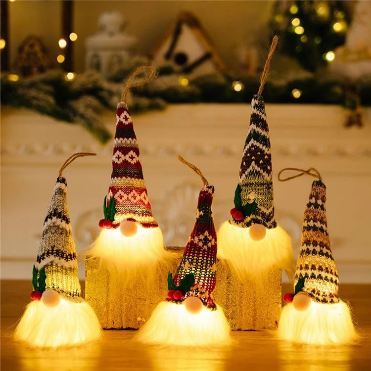 Gnome Doll Knitted Hat Christmas Decor Home Christmas Tree Hanging Ornament with Light - Style E