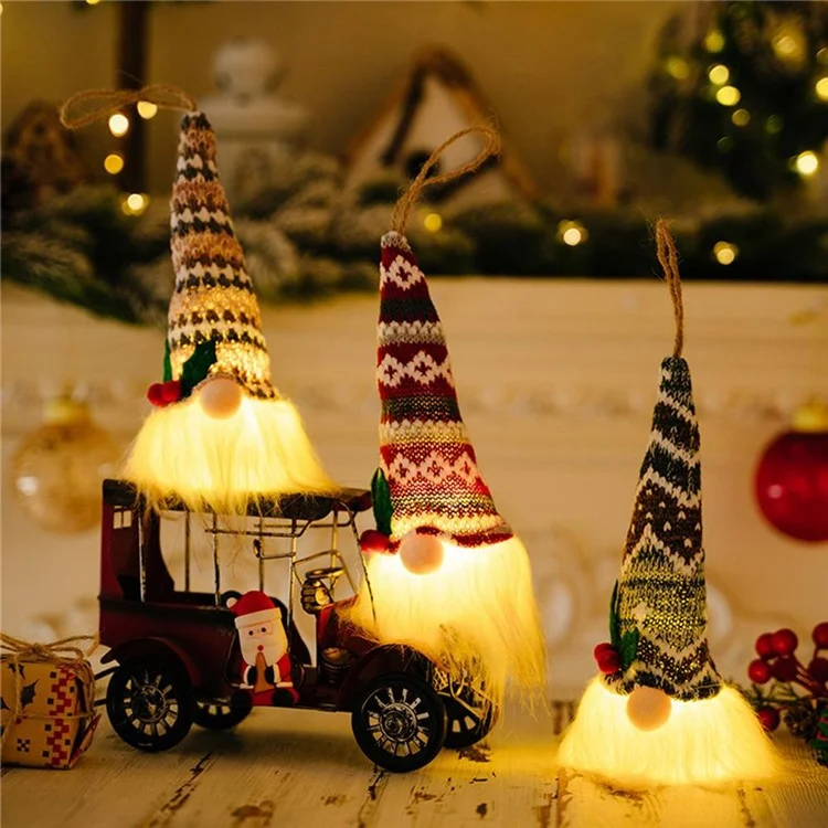 Gnome Doll Knitted Hat Christmas Decor Home Christmas Tree Hanging Ornament with Light - Style E