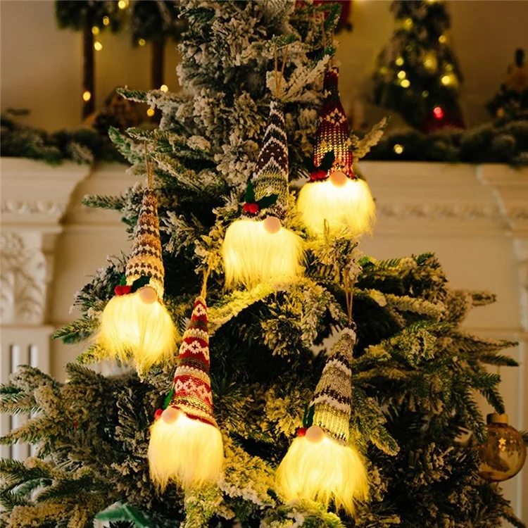 Gnome Doll Knitted Hat Christmas Decor Home Christmas Tree Hanging Ornament with Light - Style E