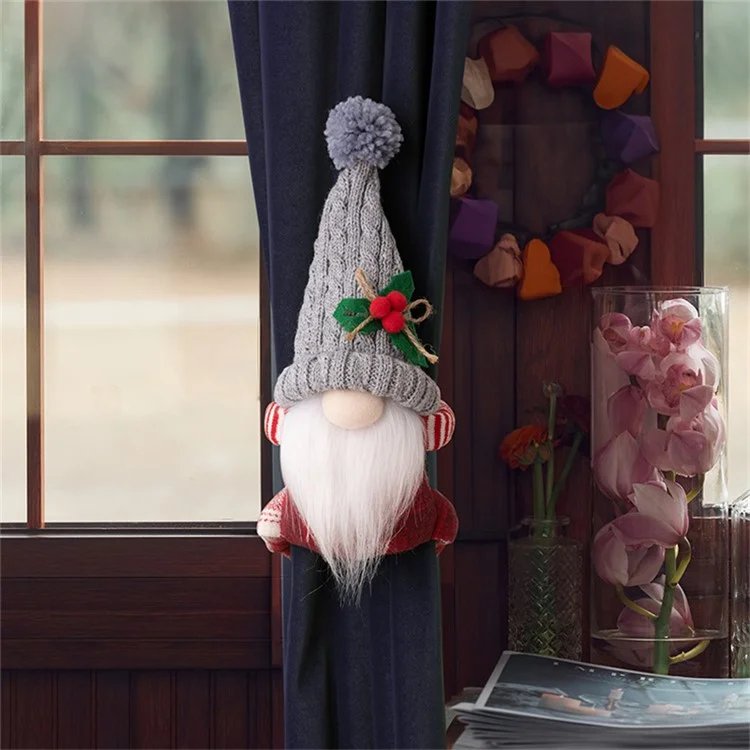 Christmas Curtain Tie Knitted Hat Faceless Gnome 3D Doll Curtain Buckle Xmas Tree Decoration - Grey