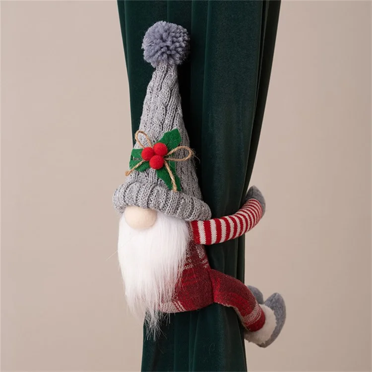 Christmas Curtain Tie Knitted Hat Faceless Gnome 3D Doll Curtain Buckle Xmas Tree Decoration - Grey