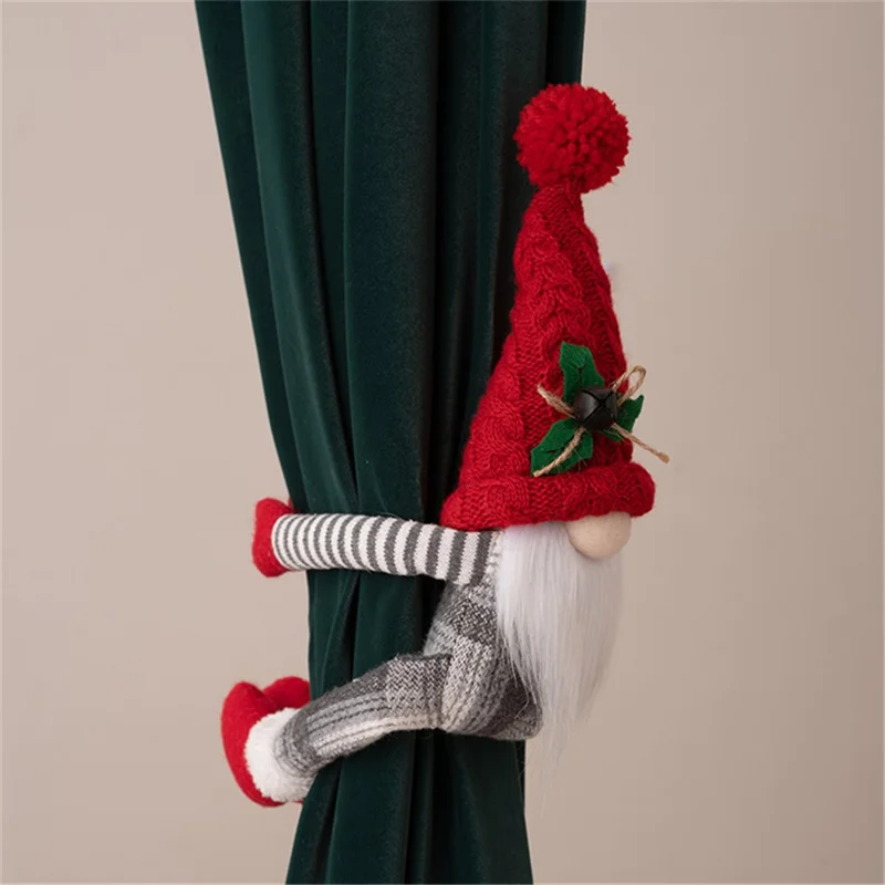 Christmas Curtain Tie Knitted Hat Faceless Gnome 3D Doll Curtain Buckle Xmas Tree Decoration Gift - Red