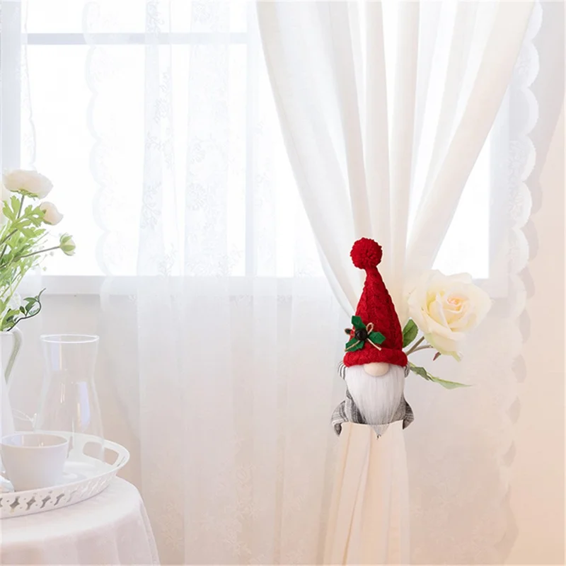Christmas Curtain Tie Knitted Hat Faceless Gnome 3D Doll Curtain Buckle Xmas Tree Decoration Gift - Red