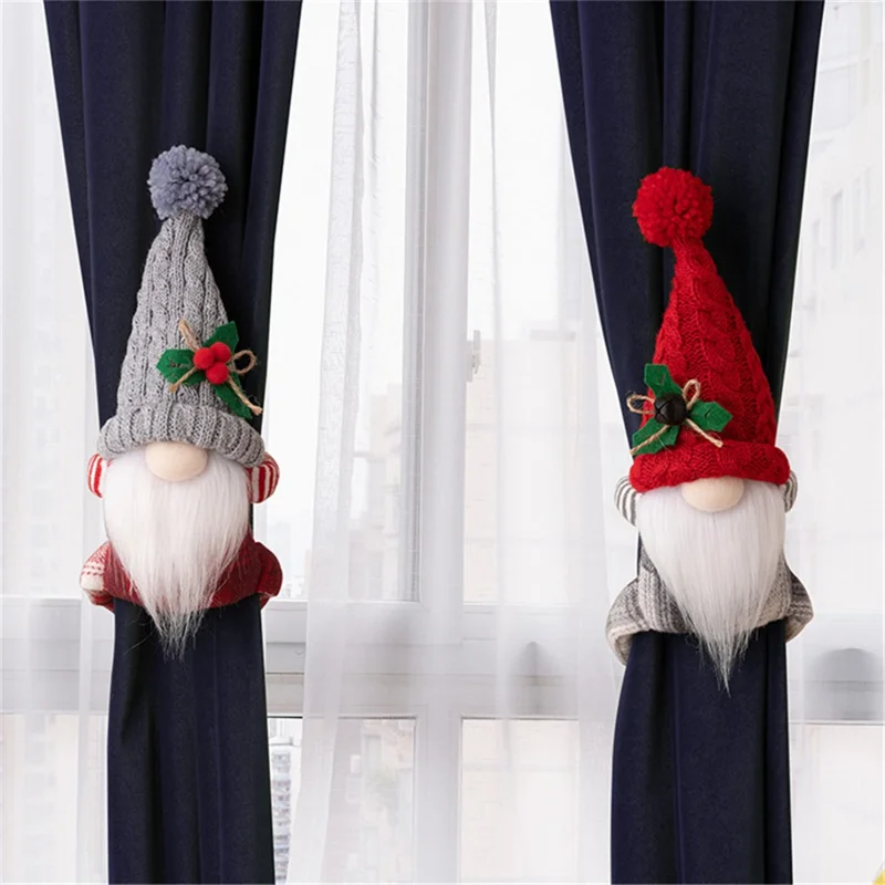 Christmas Curtain Tie Knitted Hat Faceless Gnome 3D Doll Curtain Buckle Xmas Tree Decoration Gift - Red