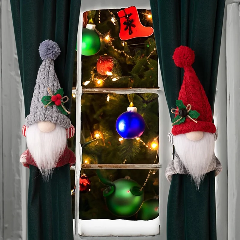 Christmas Curtain Tie Knitted Hat Faceless Gnome 3D Doll Curtain Buckle Xmas Tree Decoration Gift - Red