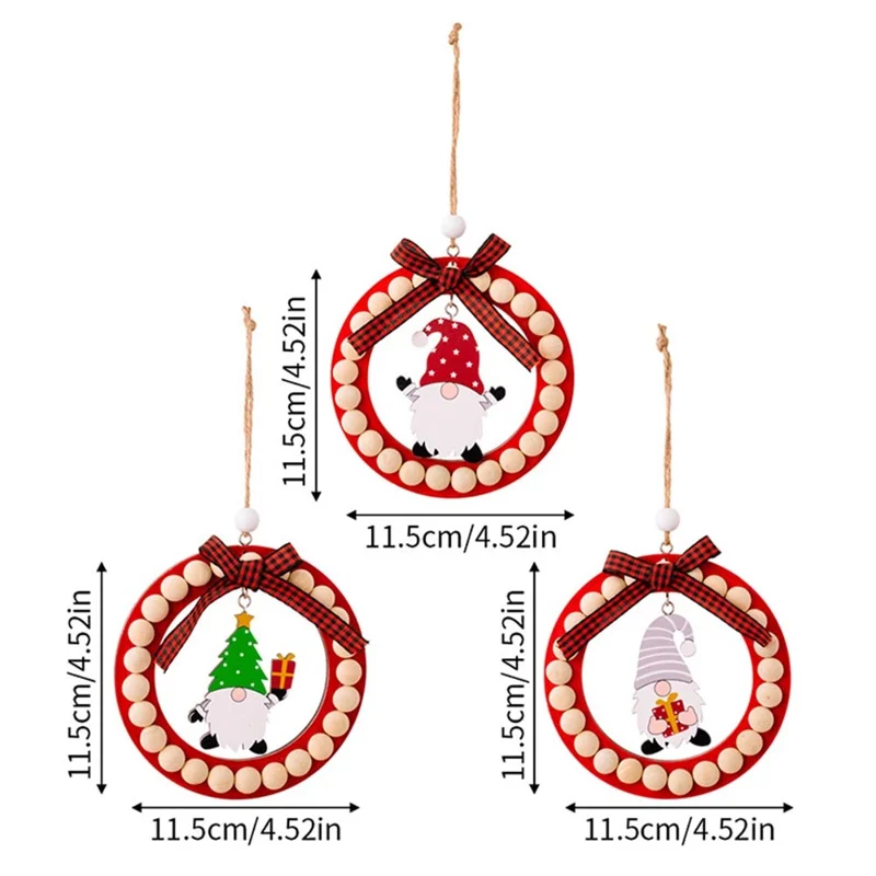 Wood Christmas Decoration Wreath Xmas Tree Ornament Santa Claus Hanging Decor for Home - Red
