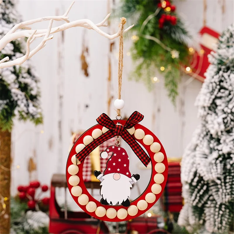 Wood Christmas Decoration Wreath Xmas Tree Ornament Santa Claus Hanging Decor for Home - Red