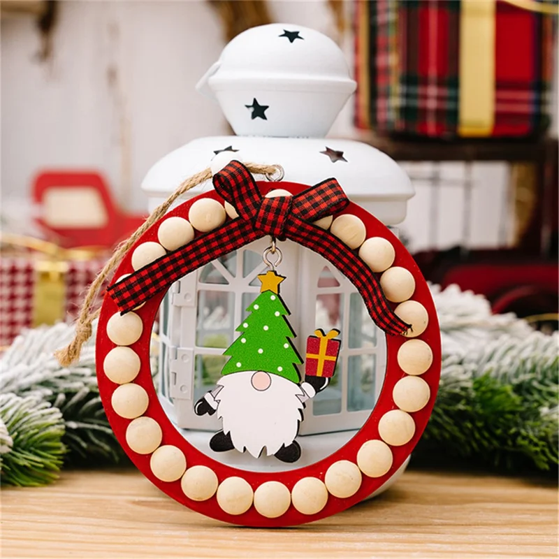 Wood Christmas Decoration Wreath Xmas Tree Ornament Santa Claus Hanging Decor for Home - Red