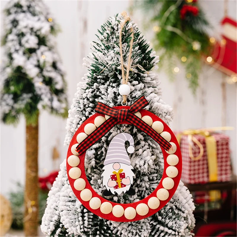 Wood Christmas Decoration Wreath Xmas Tree Ornament Santa Claus Hanging Decor for Home - Red