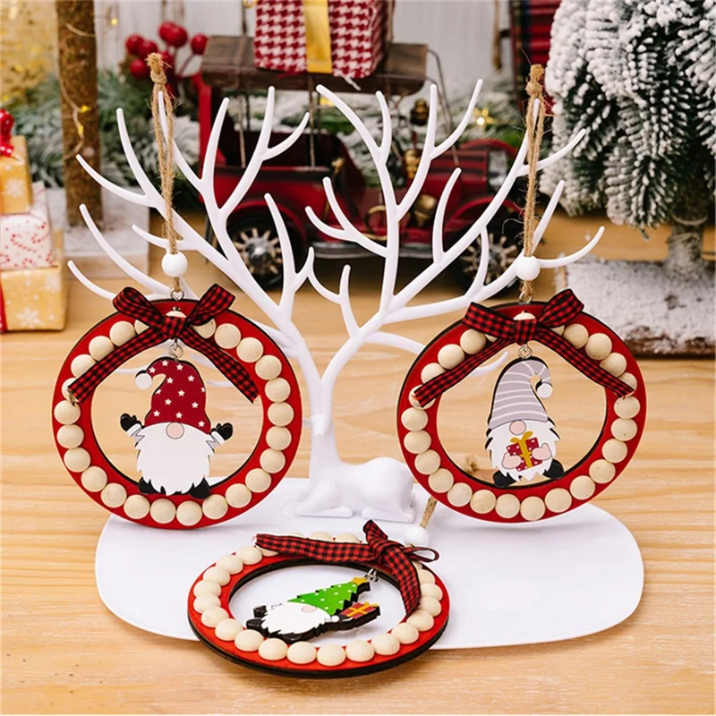 Wood Christmas Decoration Wreath Xmas Tree Ornament Santa Claus Hanging Decor for Home - Red