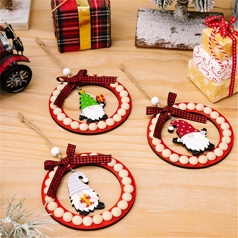 Wood Christmas Decoration Wreath Xmas Tree Ornament Santa Claus Hanging Decor for Home - Red
