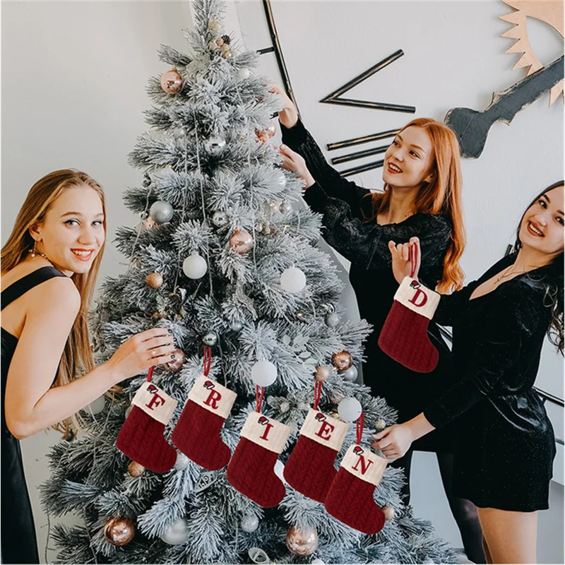 Christmas Socks English Letter Knitting Stocking Decoration Xmas Tree Ornament - A