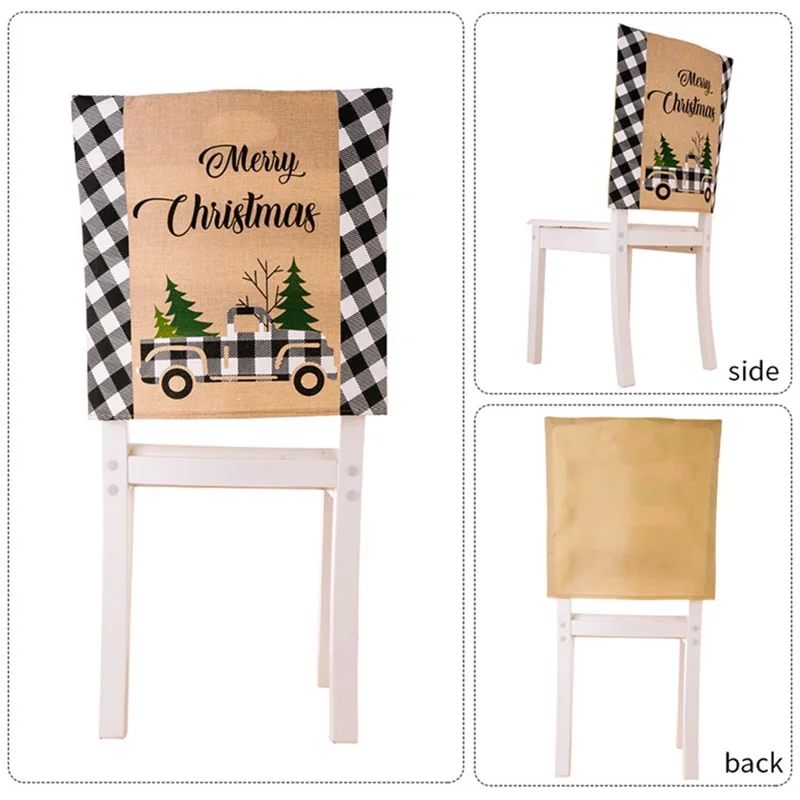 Car Letter Decor Cloth Chair Back Sleeve Christmas Dining Chair Slipcover Furniture Protector for Home - Black and White Grid