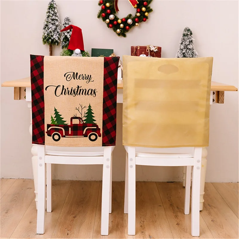 Car Letter Decor Cloth Chair Back Sleeve Christmas Dining Chair Slipcover Furniture Protector for Home - Black and White Grid