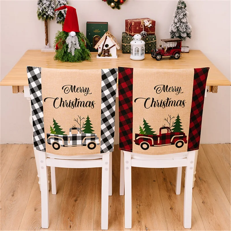 Car Letter Decor Cloth Chair Back Sleeve Christmas Dining Chair Slipcover Furniture Protector for Home - Black and White Grid