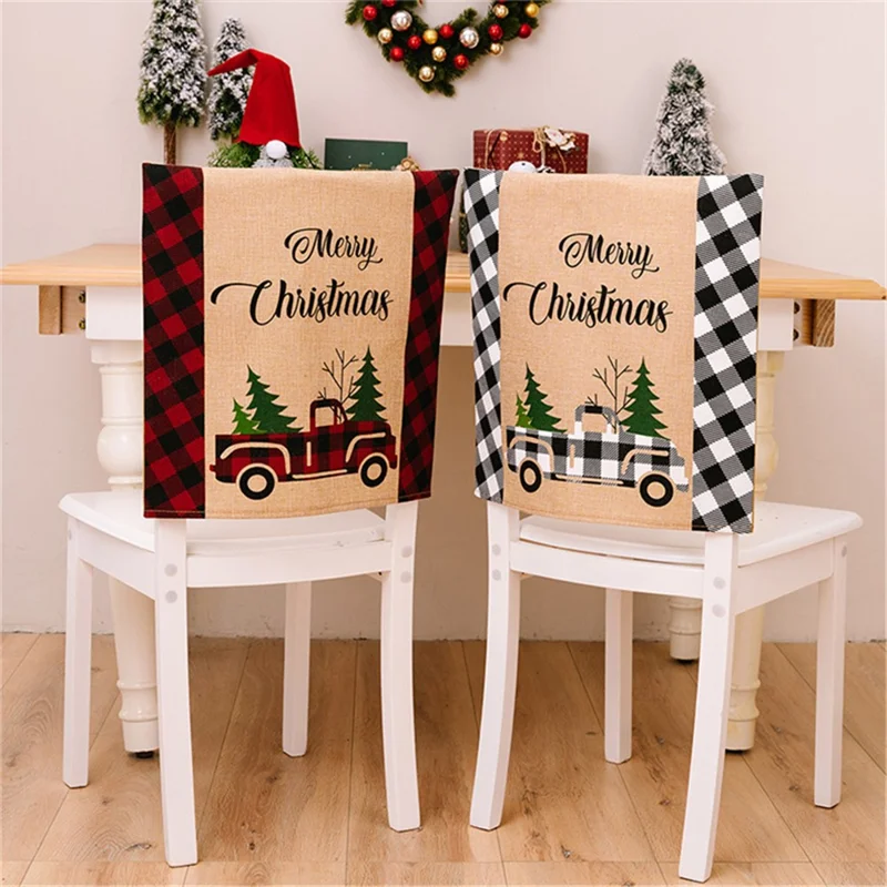 Car Letter Decor Cloth Chair Back Sleeve Christmas Dining Chair Slipcover Furniture Protector for Home - Black and White Grid