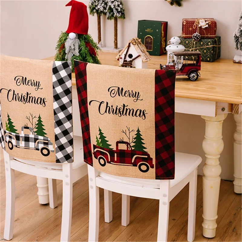 Car Letter Decor Cloth Chair Back Sleeve Christmas Dining Chair Slipcover Furniture Protector for Home - Black and White Grid