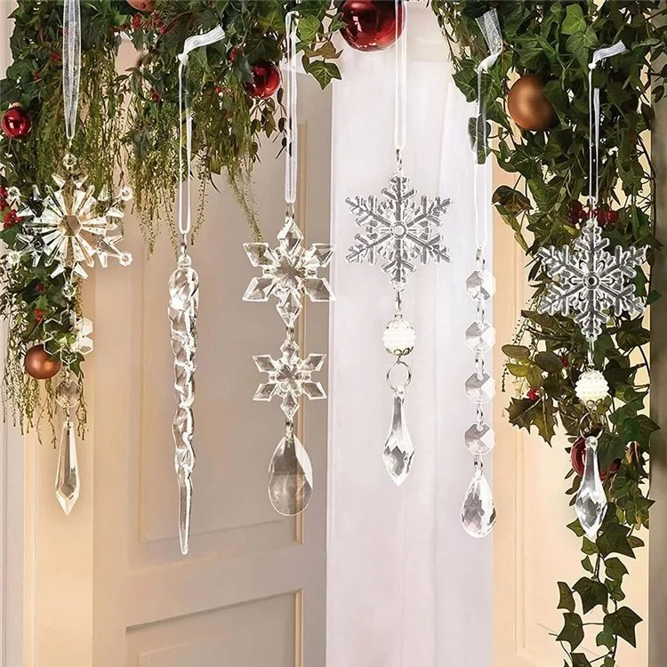10PCS Fake Snow Flakes Home Christmas Ornaments Set Xmas Snowflake Hanging Icicles Simulated Ice Sticks