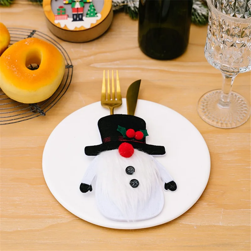 Christmas Gnome Fork Knife Cover Cutlery Cloth Pouch Dining Table Decoration Gift - Snowman