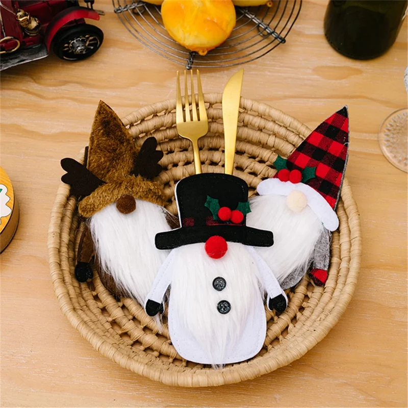 Christmas Gnome Fork Knife Cover Cutlery Cloth Pouch Dining Table Decoration Gift - Snowman