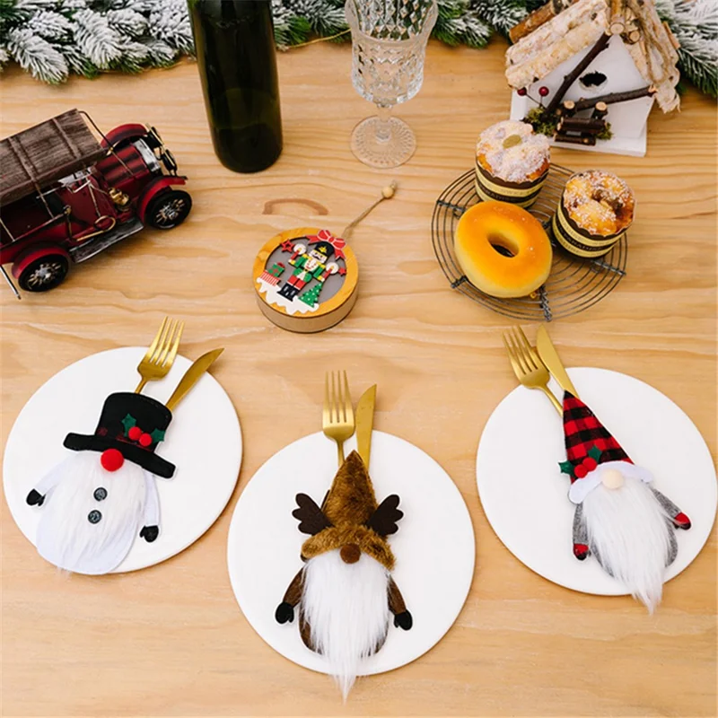Christmas Gnome Fork Knife Cover Cutlery Cloth Pouch Dining Table Decoration Gift - Snowman